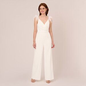 Adrianna Papell Crepe Wide Leg Jumpsuit With Bead And Feather Accents In Ivory